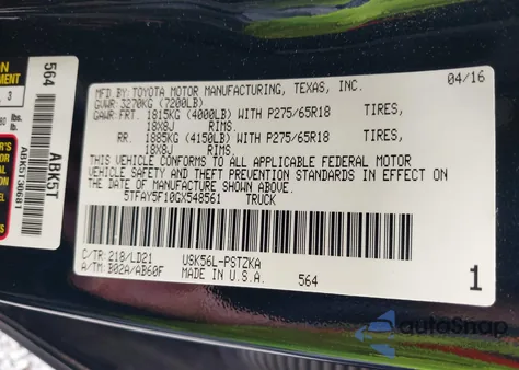 2016 Toyota Tundra 1794 5.7L V8 from USA, damaged, VIN 5TFAY5F10GX548561